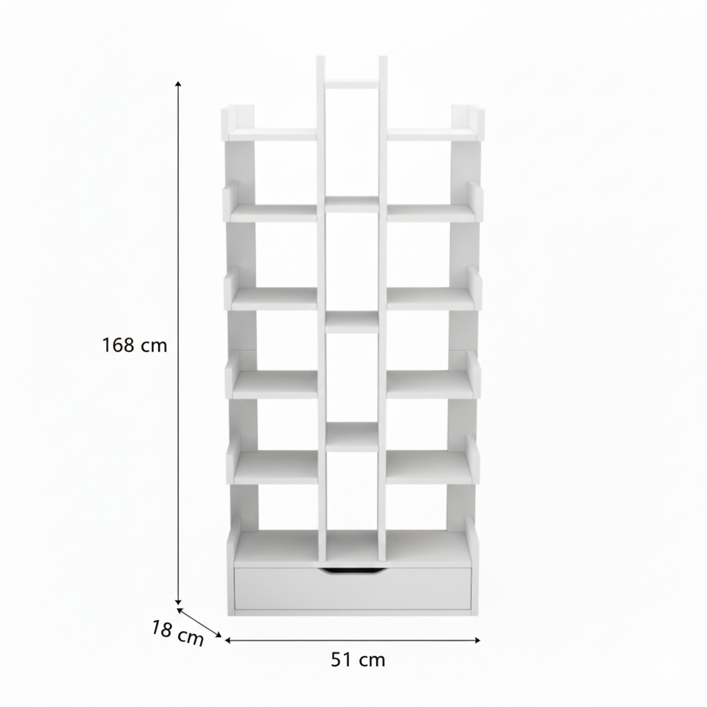 Mobilier biblioteca cu 18 rafturi, modern Tree of Knowledge, 51x18x168cm alb