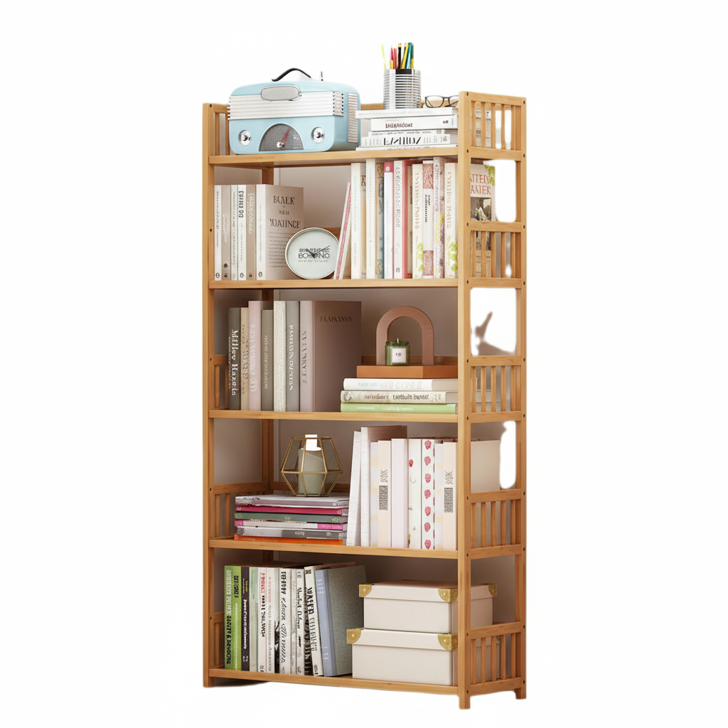 Biblioteca bambus 5 rafturi, 80x25x133 cm, design natural