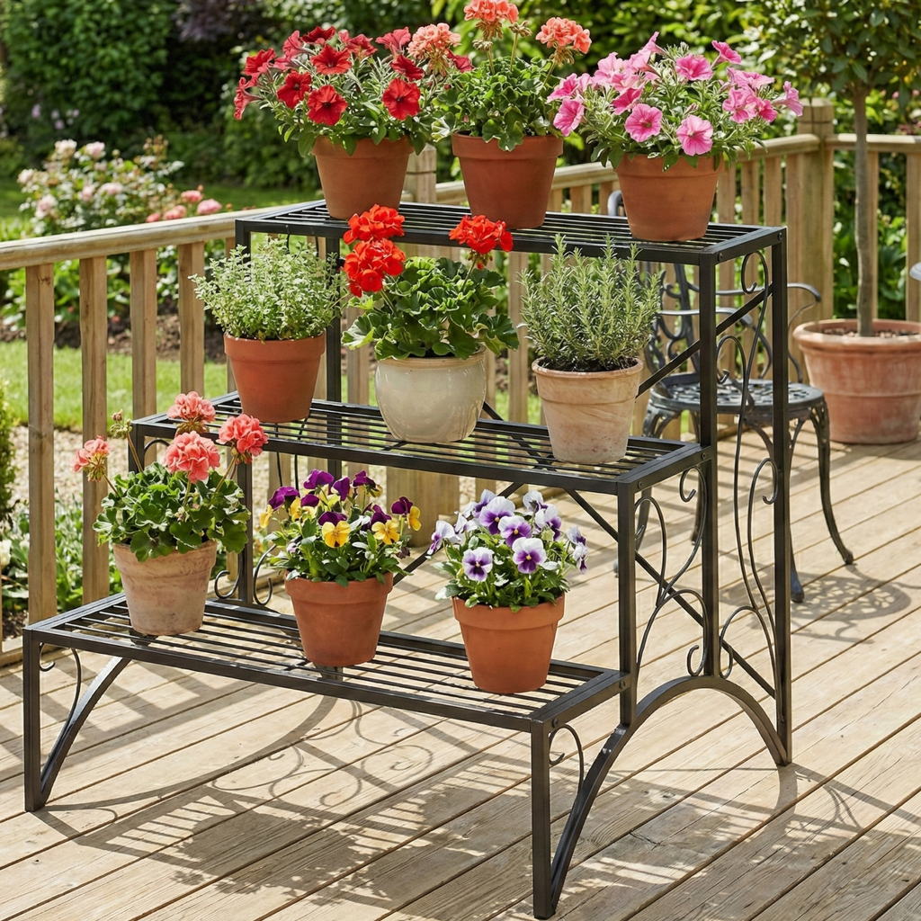 Etajeră-suport pentru plante, cu 3 niveluri, în formă de scară, pentru interior și exterior, din metal