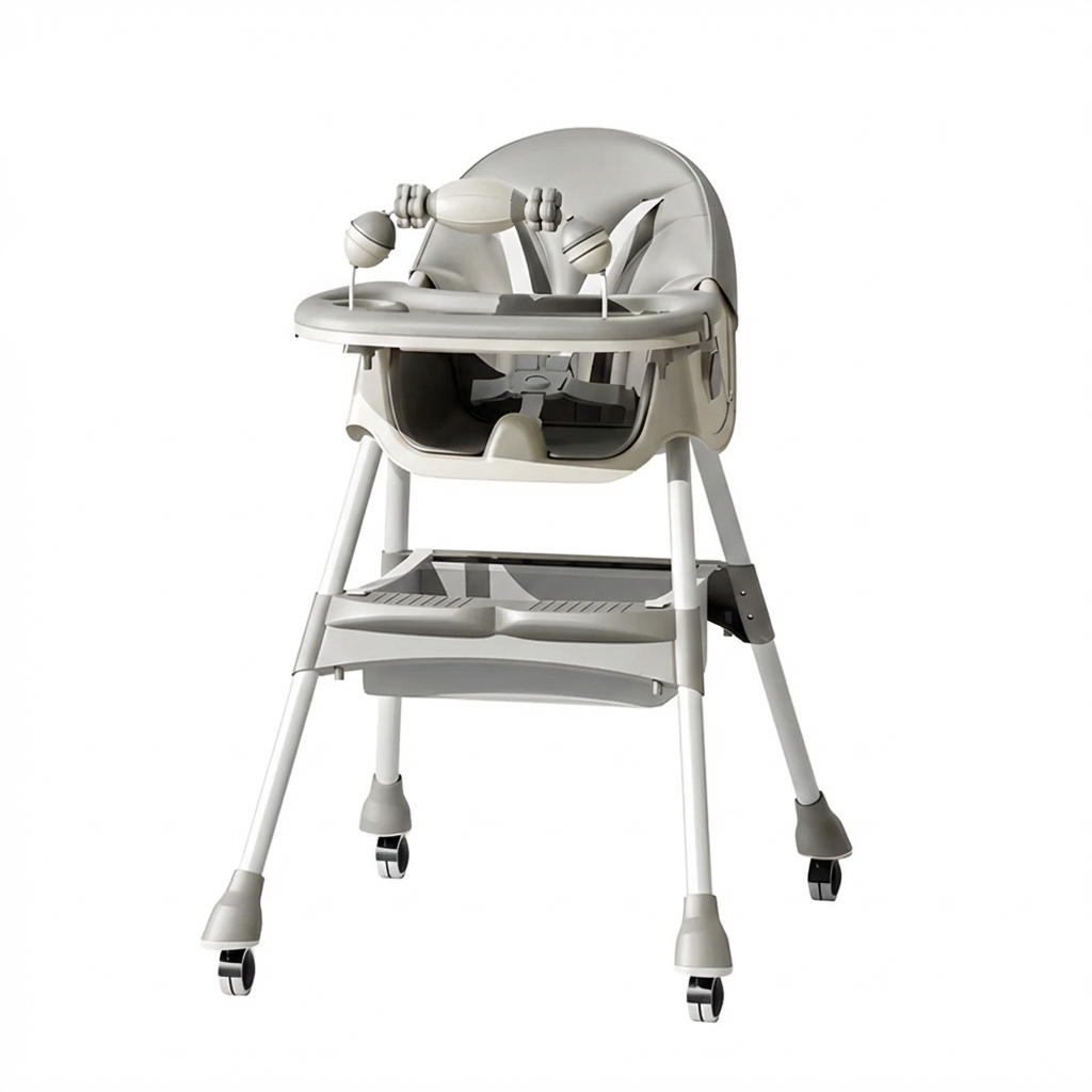 Scaun de masa 3 in 1 pentru bebelusi si copii, reglabil pe 3 niveluri, cu centura in 5 puncte si tavita detasabila, gri deschis