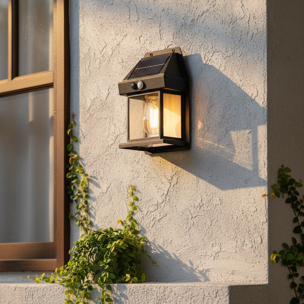 Lampa solara de perete tip felinar, senzor miscare, negru