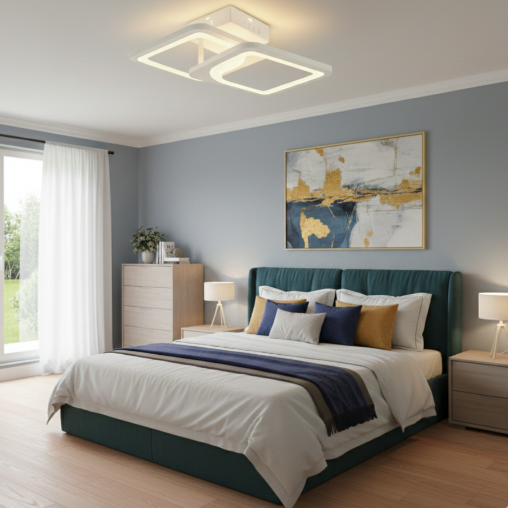 Lustra LED tavan 1+1 patrat alba, cu telecomanda, echivalent 300W, lustra moderna 40cm