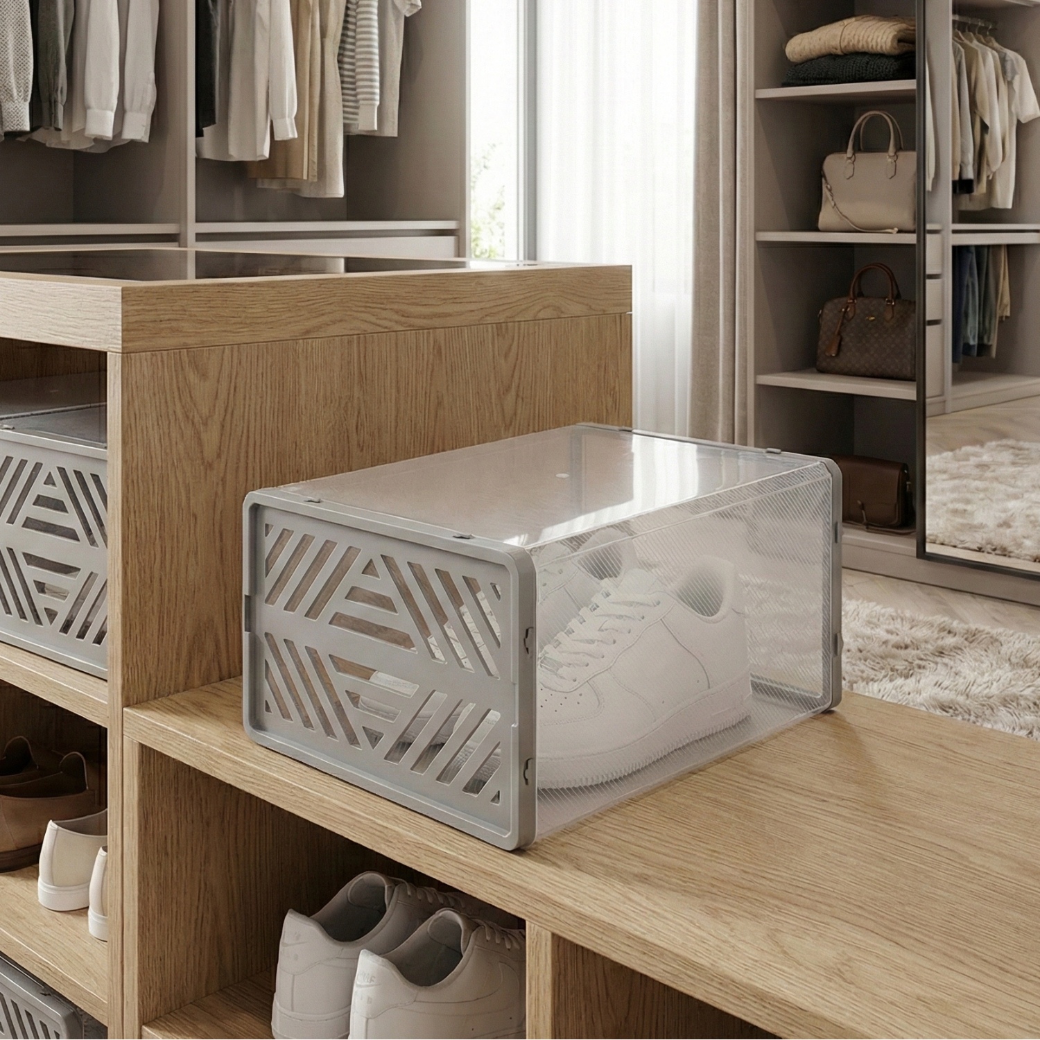 Dulap pentru pantofi modular, cu orificii de ventilatie, 10 cuburi, transparente, stivuibile