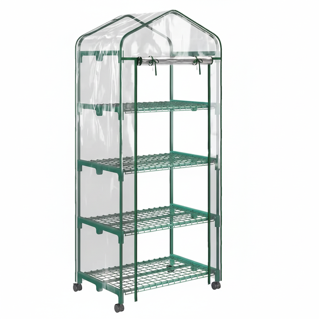 Sera verticala pentru plante cu rastel cu 4 rafturi, structura din otel si PVC alb, pentru balcon si terasa, 69x50x165 cm