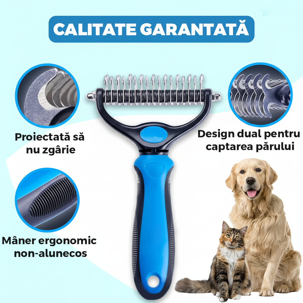 Perie profesionala pentru animale de companie, caini si pisici, din inox dublu, culoare albastră, pentru tuns, contur și descurcarea blănii, ideal pentru grooming acasă