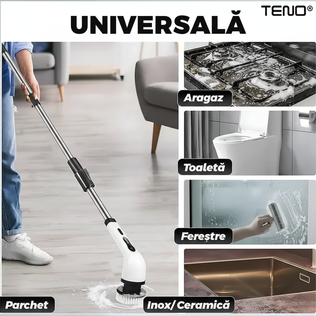 Perie electrică rotativă cu mâner extensibil, 9 capete, 2 viteze