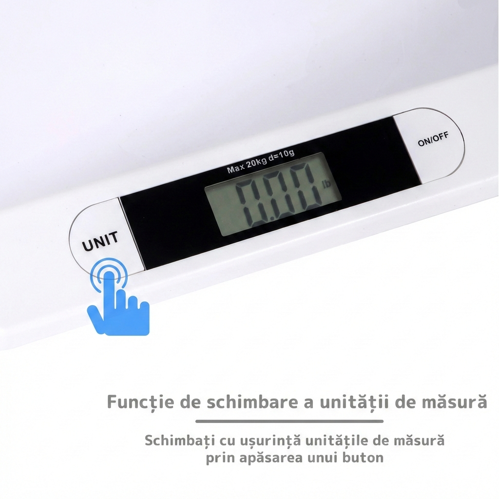 Cantar electronic pentru bebeluși cu display LCD, precizie la gram, max 20 kg, design ergonomic ultra-slim, alb