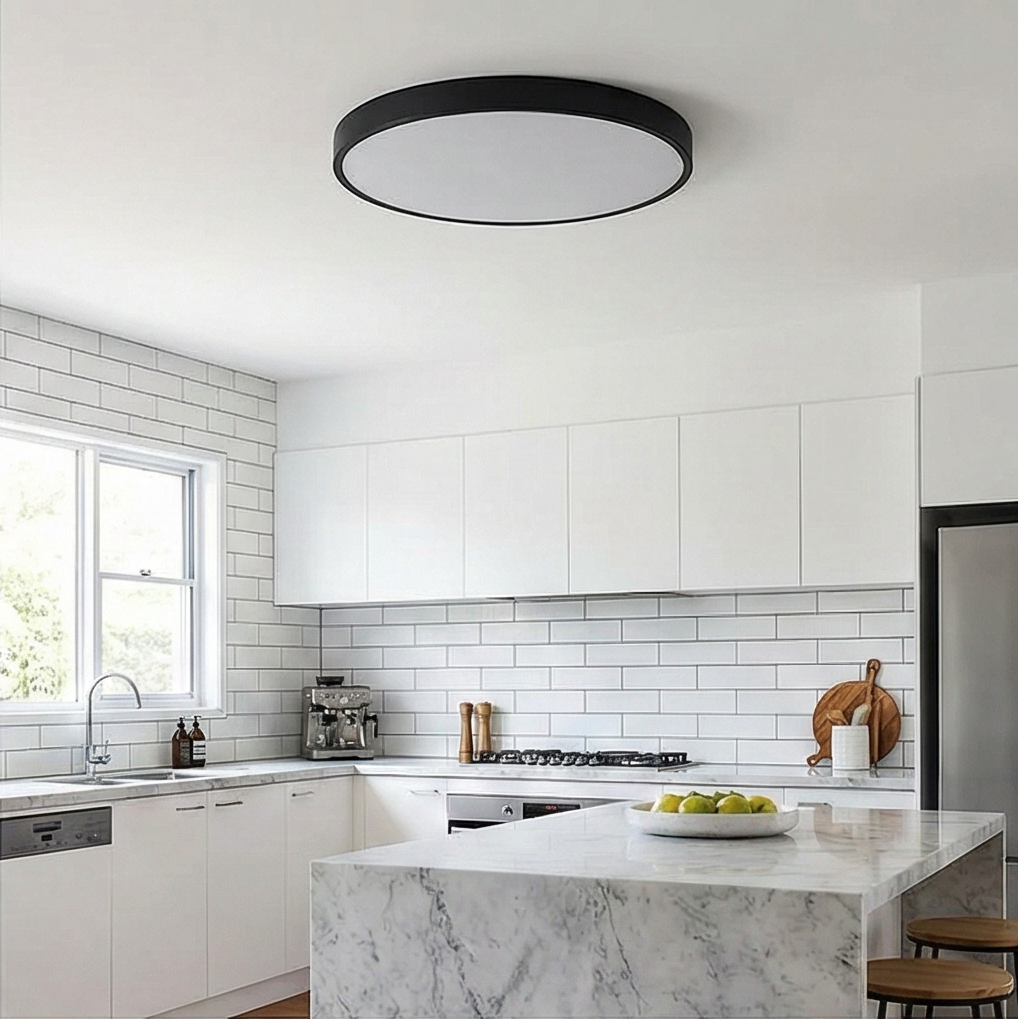 Plafonieră LED Rotundă 50 cm, Ultra Slim, Neagră, IP44 – Echivalent 600W