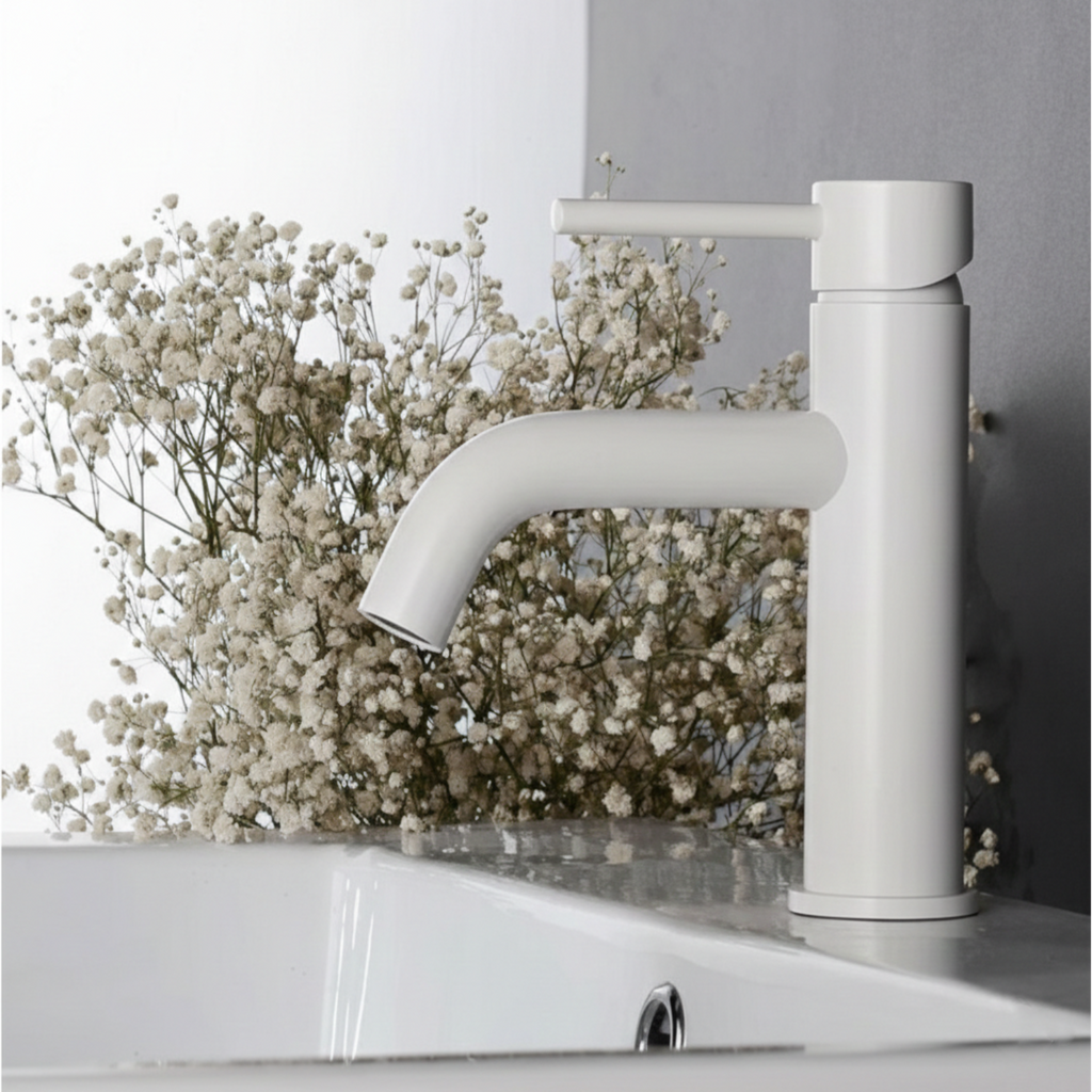 Baterie Lavoar Alb Lucios White Low, Montaj pe Lavoar, Design Modern Compact