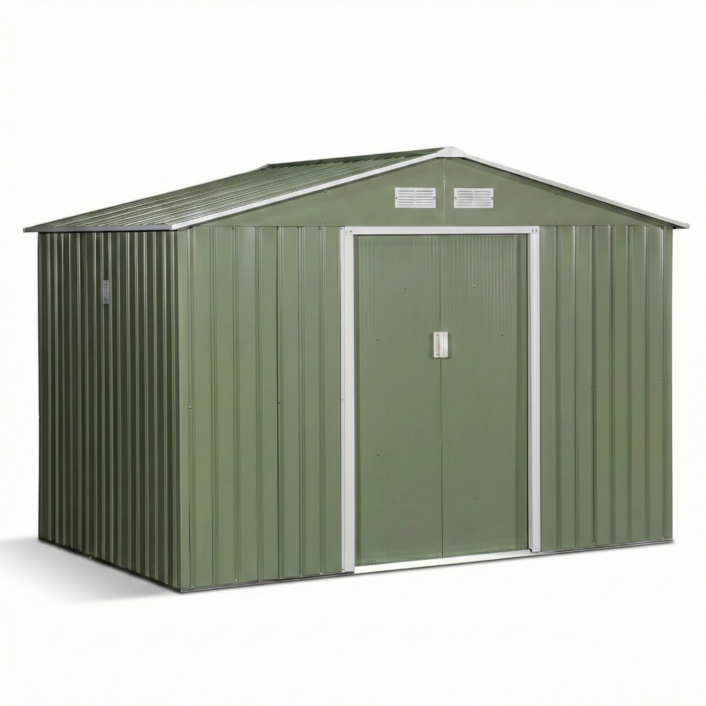Magazie de gradina 277 x 195 x 192cm cu usi glisante duble, 4 orificii de aerisire, din otel durabil, verde