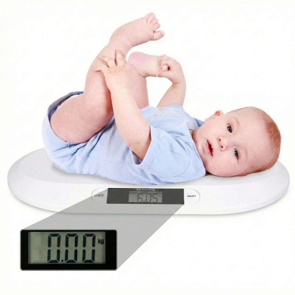 Cantar electronic pentru bebeluși cu display LCD, precizie la gram, max 20 kg, design ergonomic ultra-slim, alb