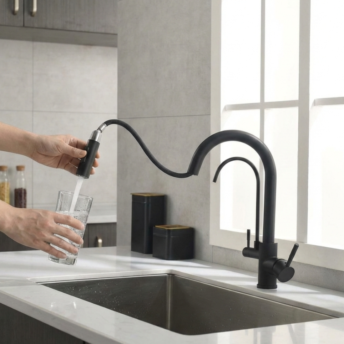 Baterie de bucatarie moderna, finisaj negru mat, Monocomanda