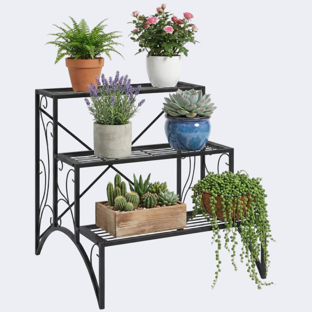 Etajeră-suport pentru plante, cu 3 niveluri, în formă de scară, pentru interior și exterior, din metal