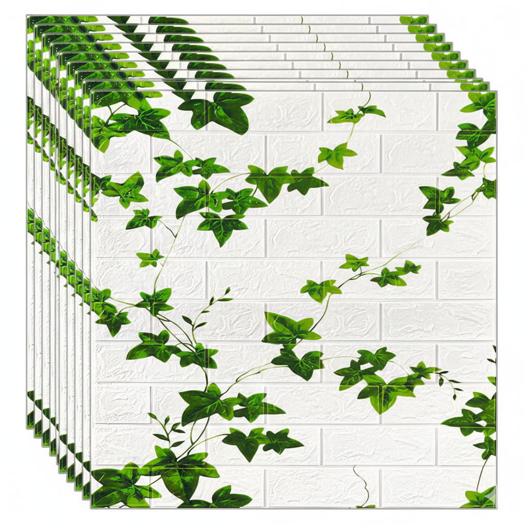 Set 10x tapet 3D caramida cu iedera, panouri autoadezive 4.9mp, 70x70 cm