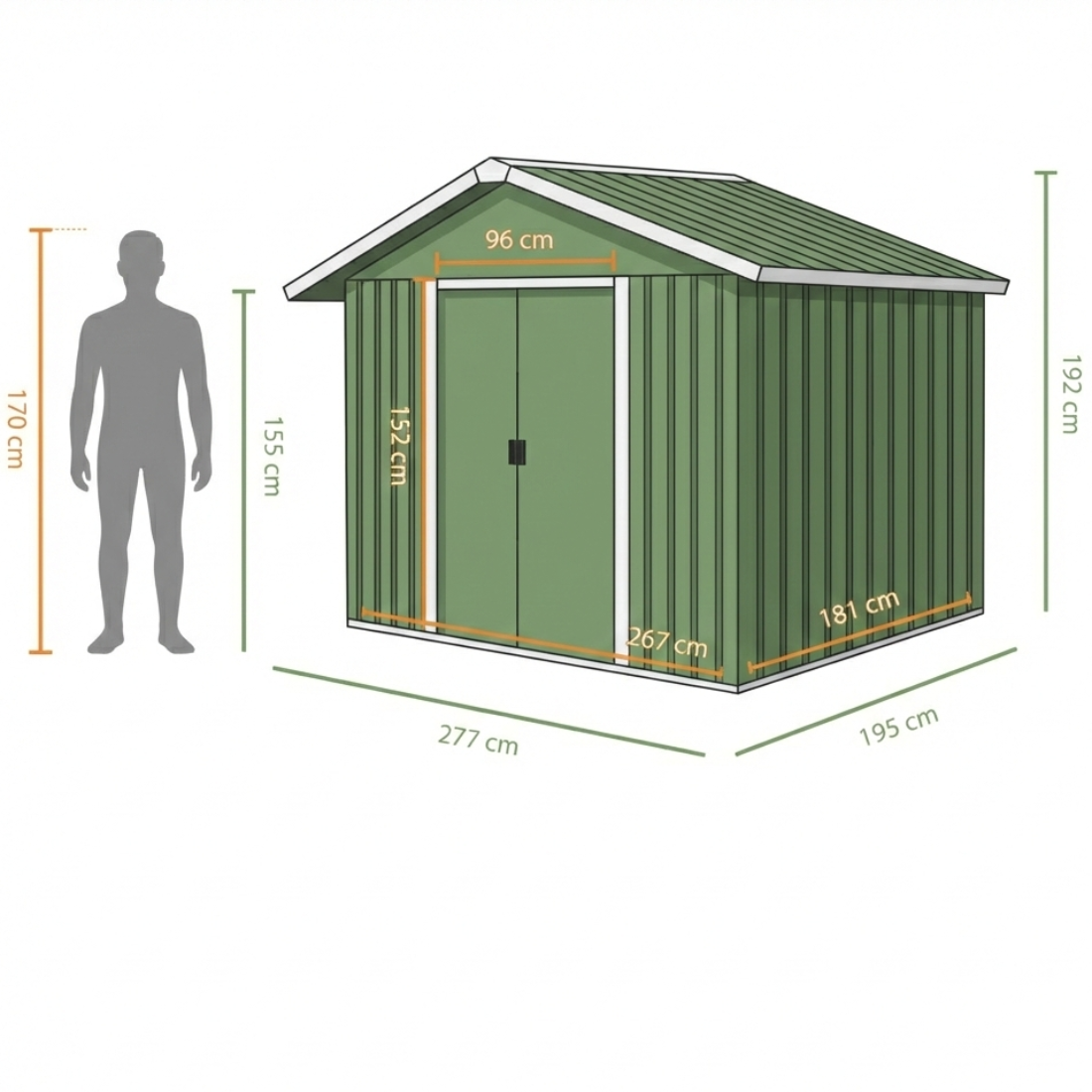 Magazie de gradina 277 x 195 x 192cm cu usi glisante duble, 4 orificii de aerisire, din otel durabil, verde