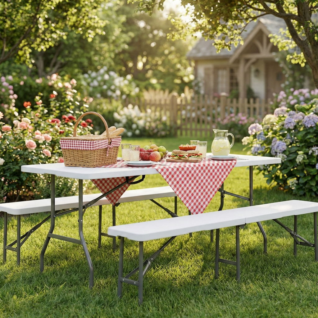 Set masa pliabila 4 persoane din otel cu HDPE + doua banci pliabile pentru gradina, camping