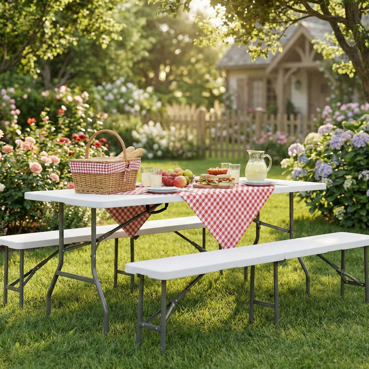 Set masa pliabila 4 persoane din otel cu HDPE + doua banci pliabile pentru gradina, camping