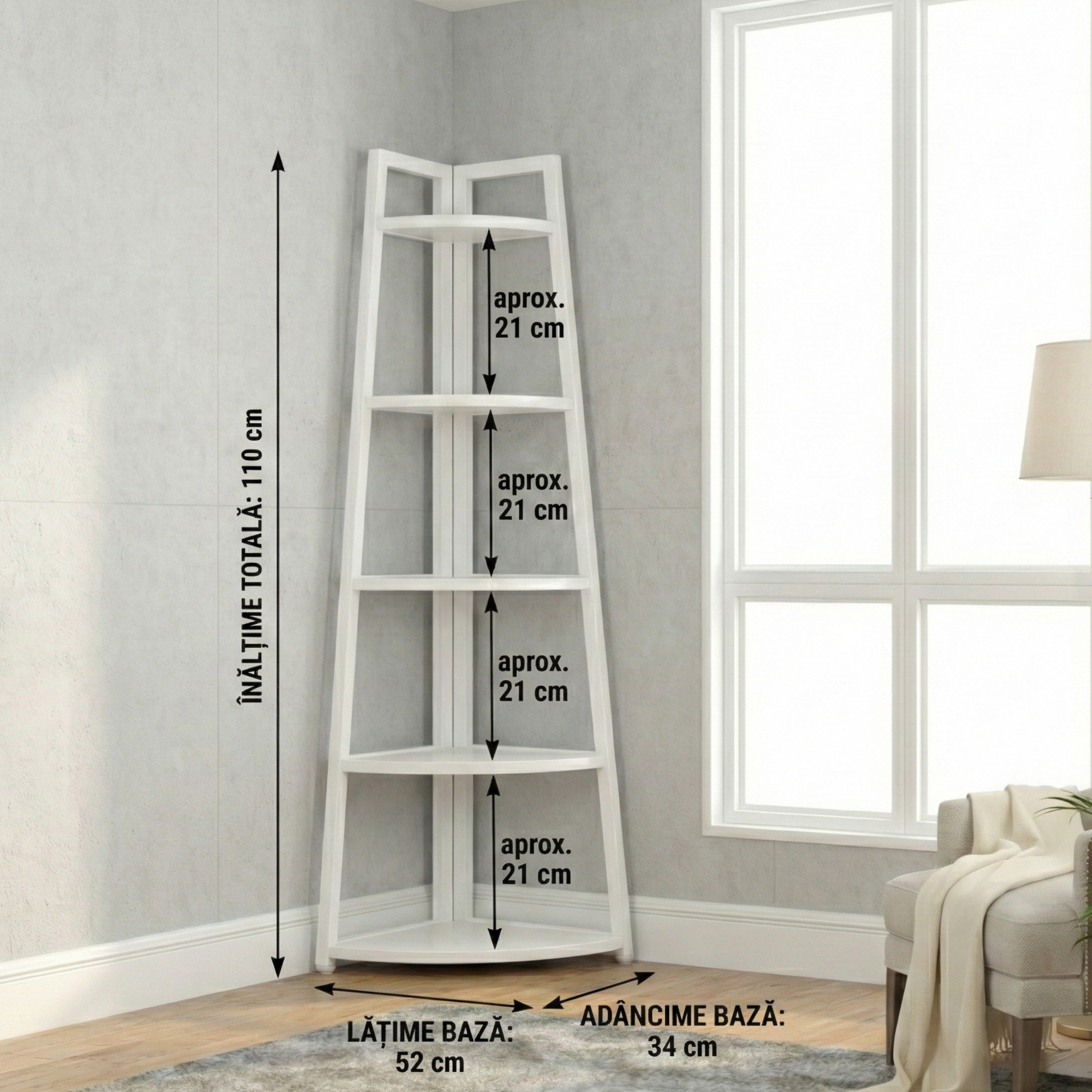 Raft biblioteca de colt cu 5 polite, alb, 52 x 34 x 110cm