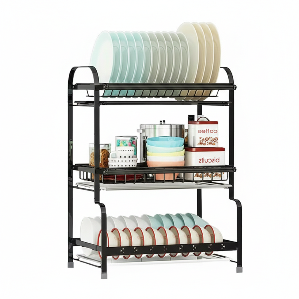 Scurgator vase pe 3 niveluri pentru organizare eficienta, din otel inox 304, 42.5×25.5×61 cm, negru