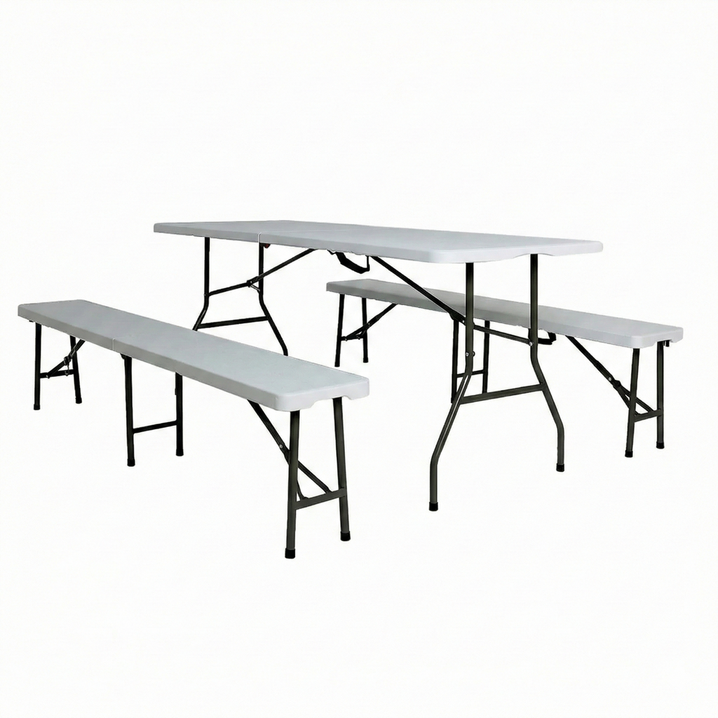 Set masa pliabila 4 persoane din otel cu HDPE + doua banci pliabile pentru gradina, camping
