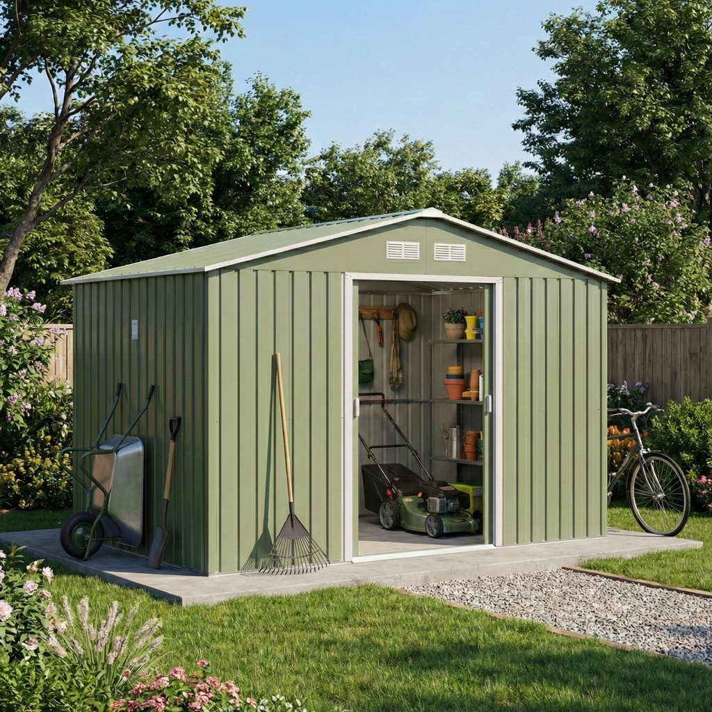 Magazie de gradina 277 x 195 x 192cm cu usi glisante duble, 4 orificii de aerisire, din otel durabil, verde