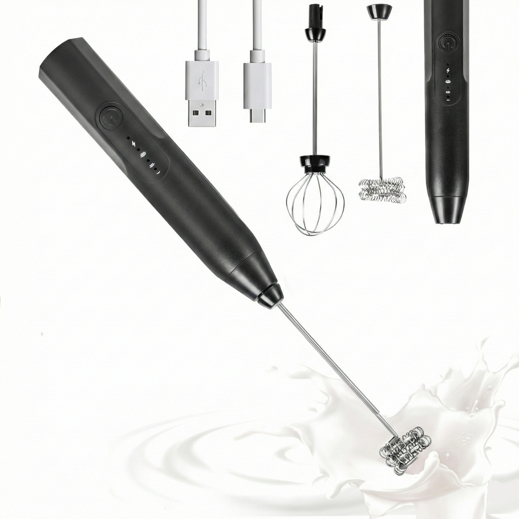 Mini-mixer electric pentru spumare si amestecare rapida, cu acumulator, 2 capete și 3 trepte, Negru