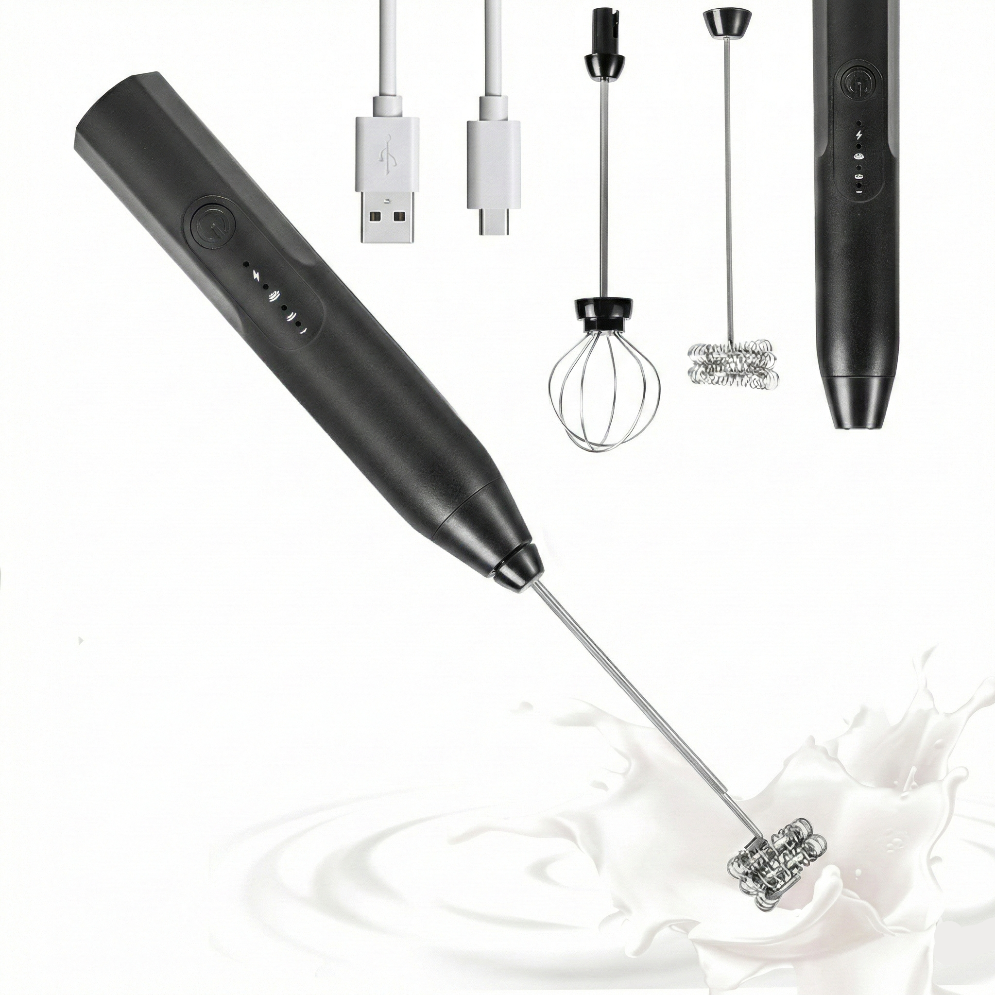 Mini-mixer electric pentru spumare si amestecare rapida, cu acumulator, 2 capete și 3 trepte, Negru