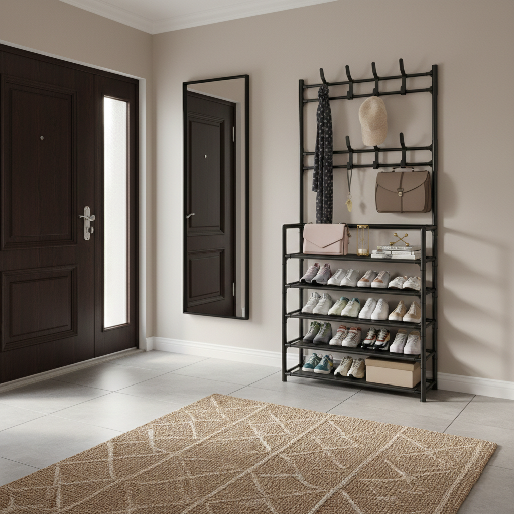 Cuier pentru haine cu suport pantofi, 5 rafturi , 165 cm, Negru