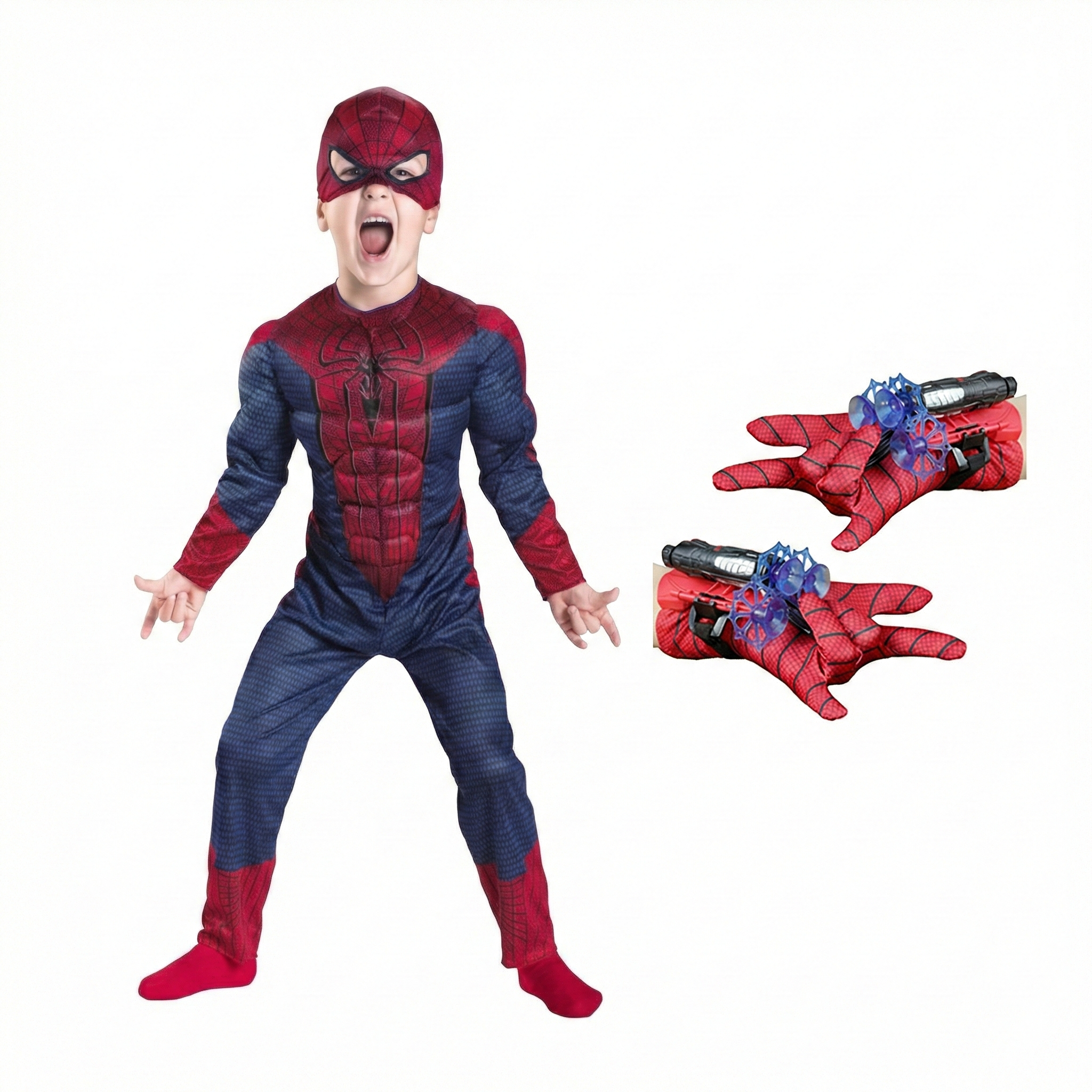 Set costum Spiderman pentru copii, cu muschi si 2 lansatoare, costum de erou pentru joaca si petreceri