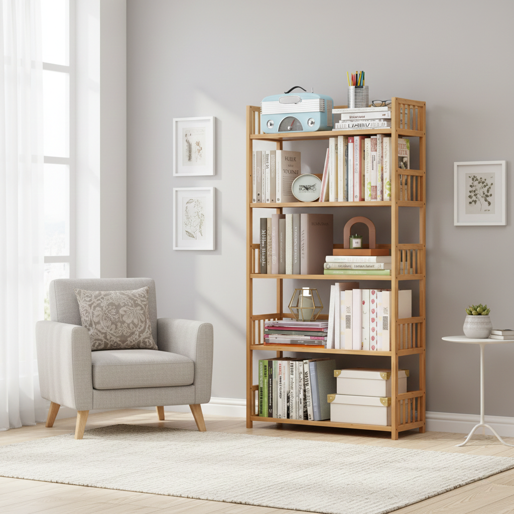 Biblioteca bambus 5 rafturi, 80x25x133 cm, design natural