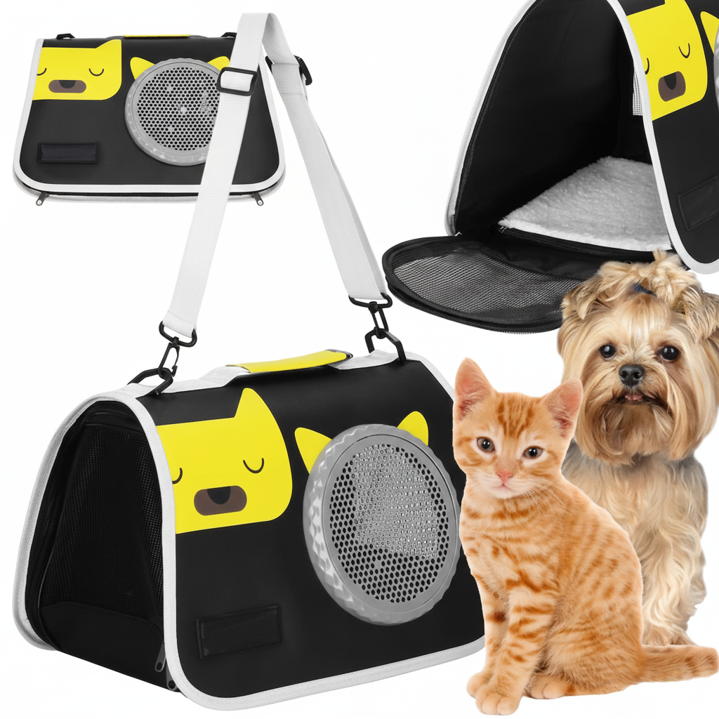 Geanta pliabila transport animale de companie 24x40x24 cm, negru – pentru pisici si câini de talie mica, bine ventilata, cu baza rigida