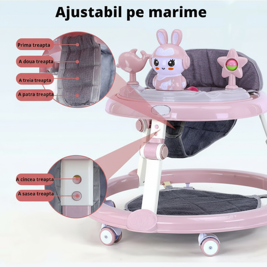 Premergator multifunctional pentru bebelusi, tava cu 3 jucarii si muzica, reglabil si pliabil, max 20 kg, 6–36 luni, roz