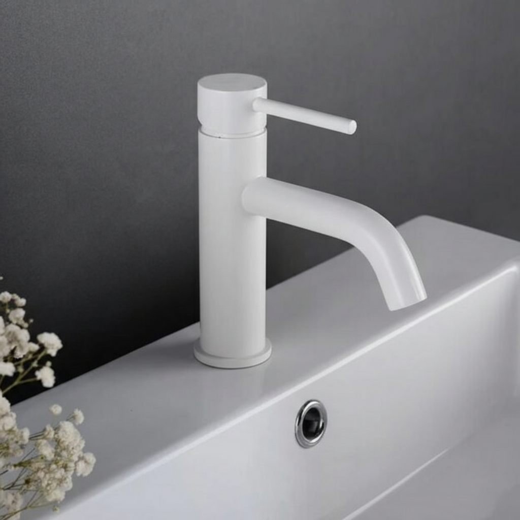 Baterie Lavoar Alb Lucios White Low, Montaj pe Lavoar, Design Modern Compact