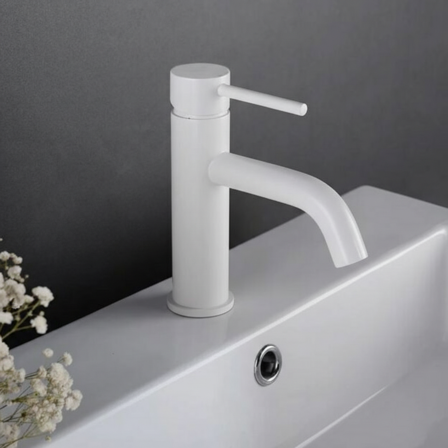 Baterie Lavoar Alb Lucios White Low, Montaj pe Lavoar, Design Modern Compact