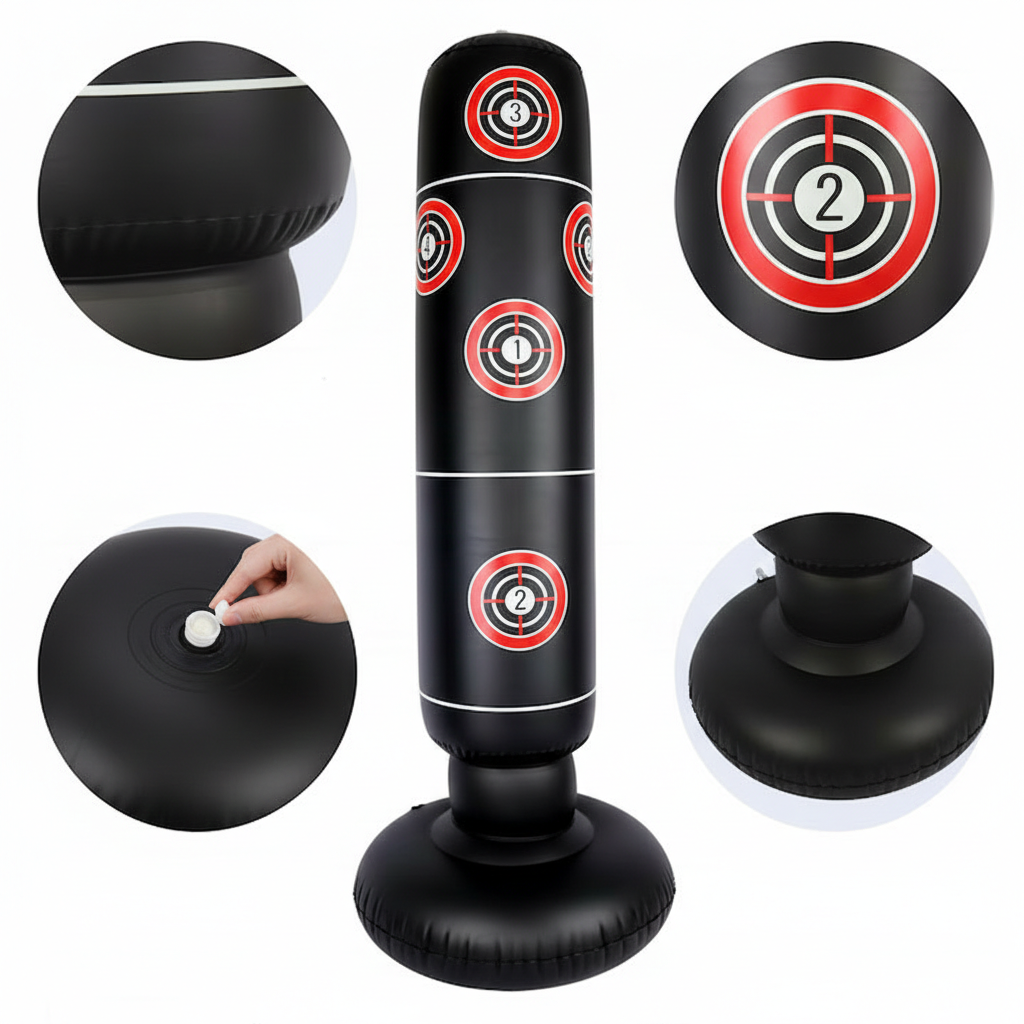 Sac de box gonflabil, cu manusi de box, model tinta, pentru copii si adulti, umplere cu aer, apa sau nisip