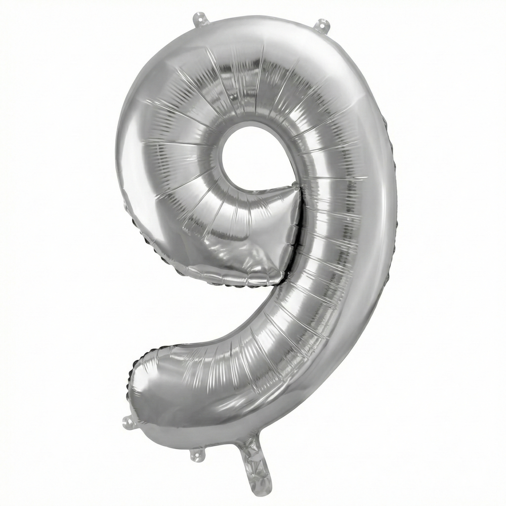 Balon din folie argintie, cifra aniversara 9, 90 cm