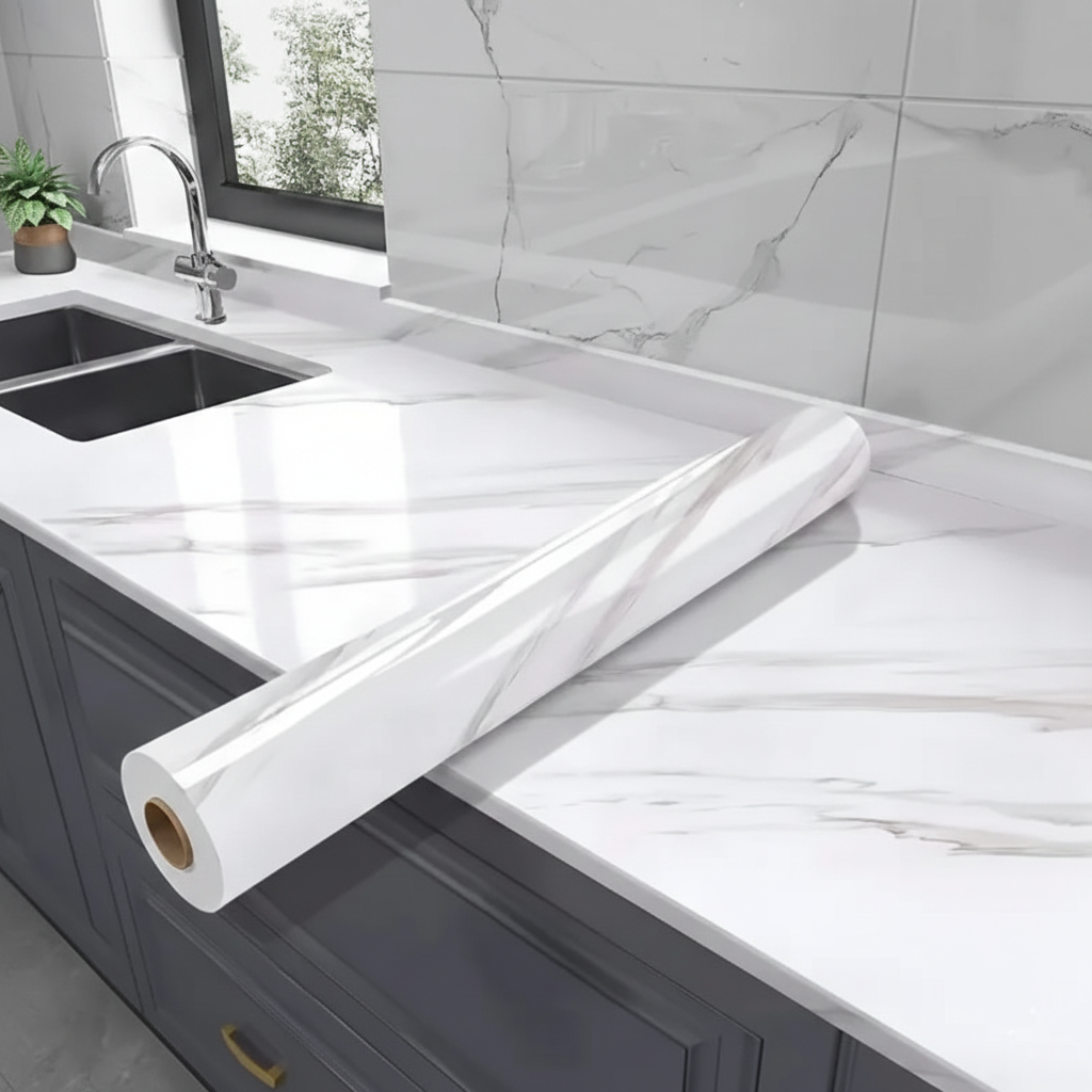 Tapet autoadeziv premium cu model marmura pentru blaturi, mobilier si bucatarie, hartie tapet alba