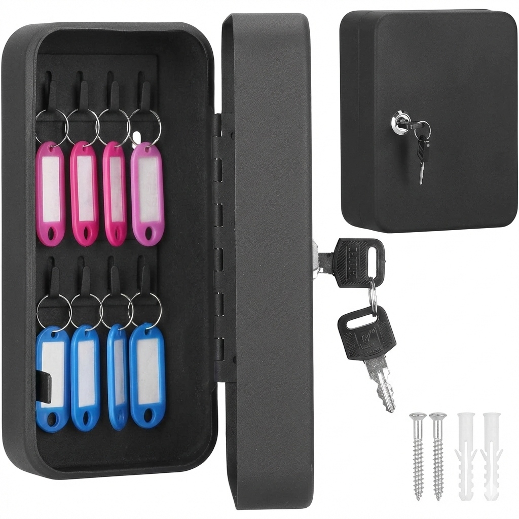 Cutie metalica din otel pentru 20 de chei, echipata cu suporturi, 20x16x7,5 cm, neagra