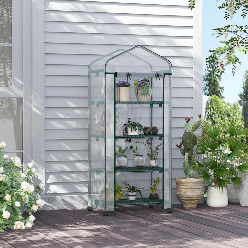 Sera verticala pentru plante cu rastel cu 4 rafturi, structura din otel si PVC alb, pentru balcon si terasa, 69x50x165 cm