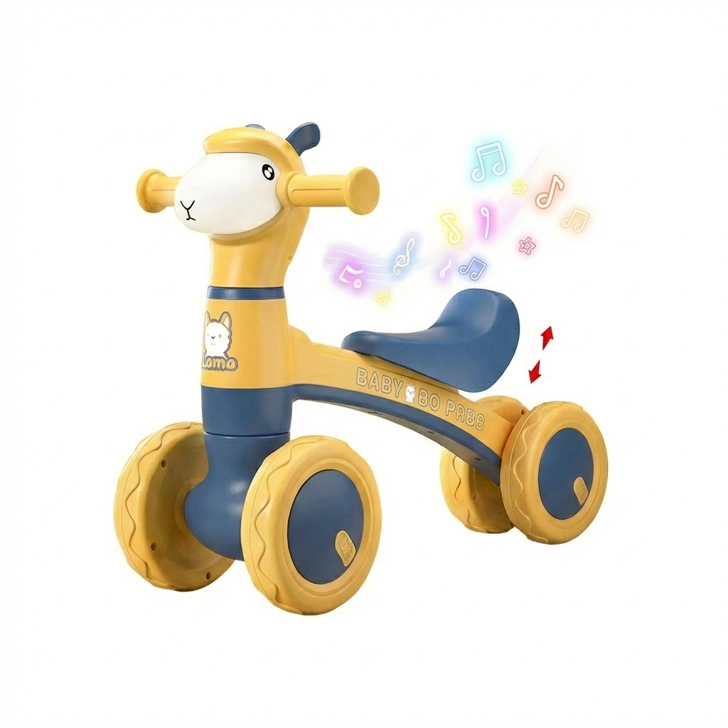 Bicicleta fara pedale pentru copii, 4 roti, lumini si muzica, jucarie de echilibru albastru-galben