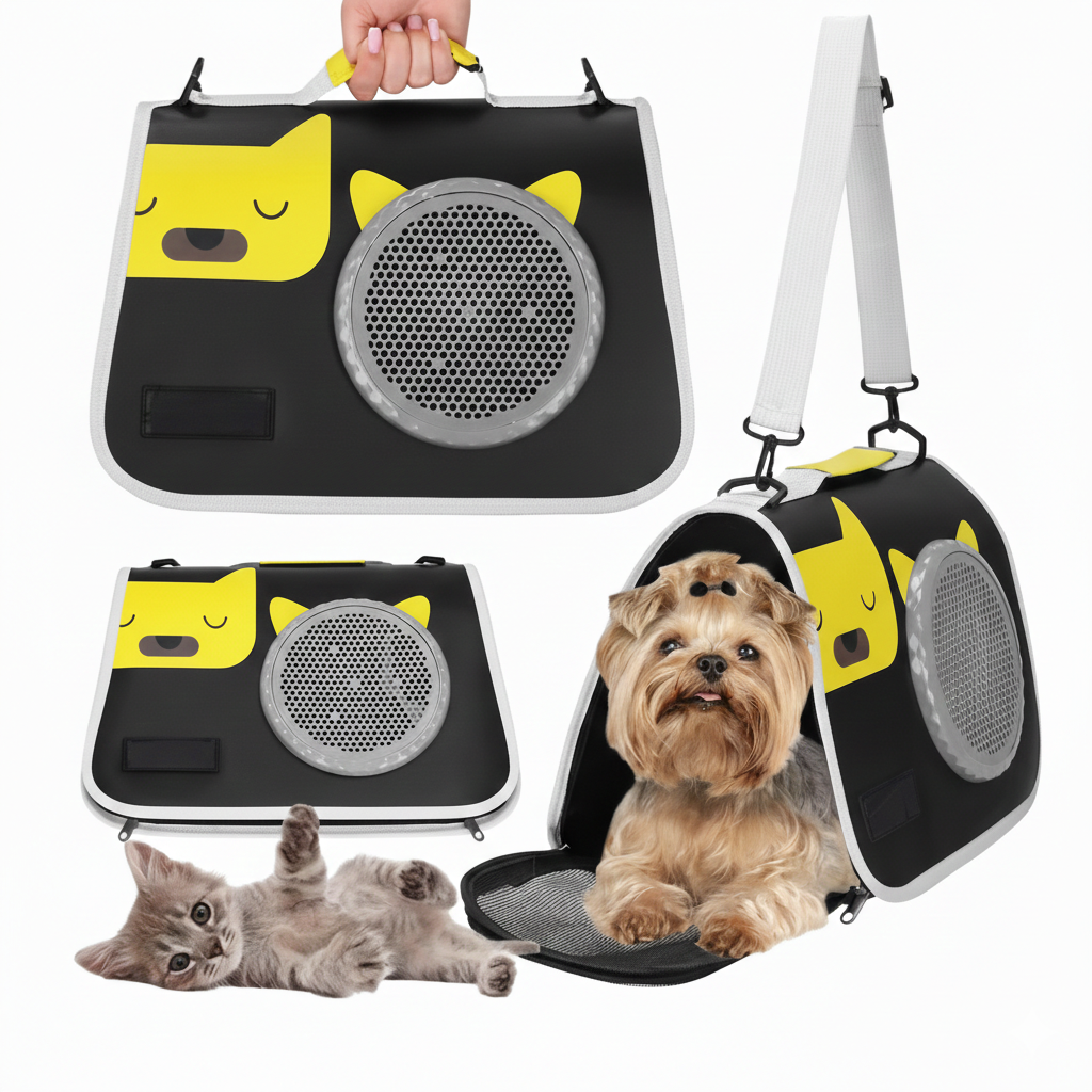 Geanta pliabila transport animale de companie 24x40x24 cm, negru – pentru pisici si câini de talie mica, bine ventilata, cu baza rigida