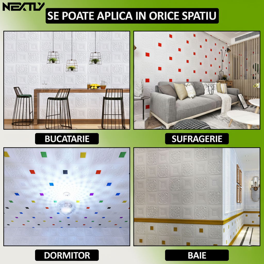 Set 10x tapet 3D caramida cu iedera, panouri autoadezive 4.9mp, 70x70 cm