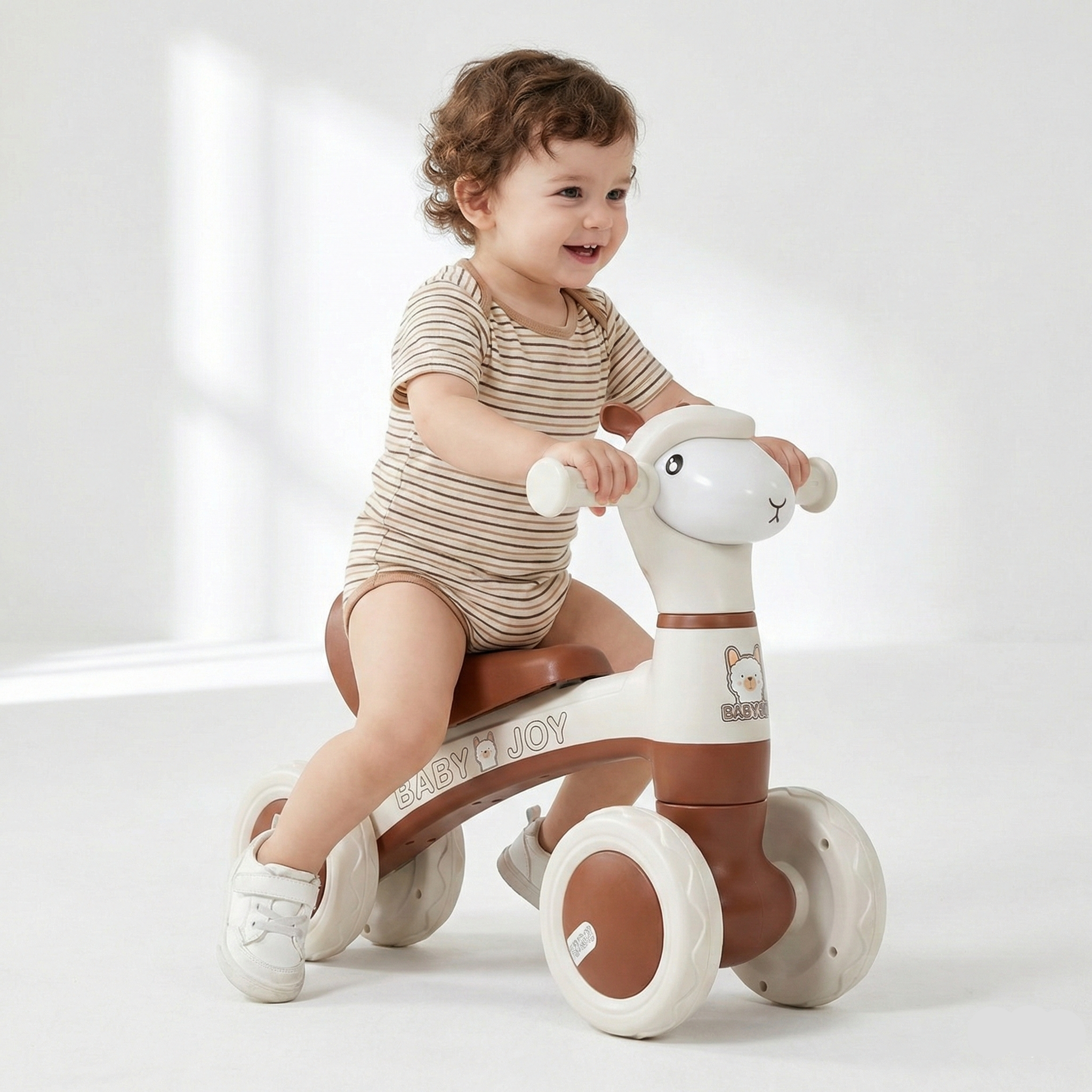 Bicicleta fara pedale pentru copii, 4 roti, lumini si muzica, jucarie de echilibru maro