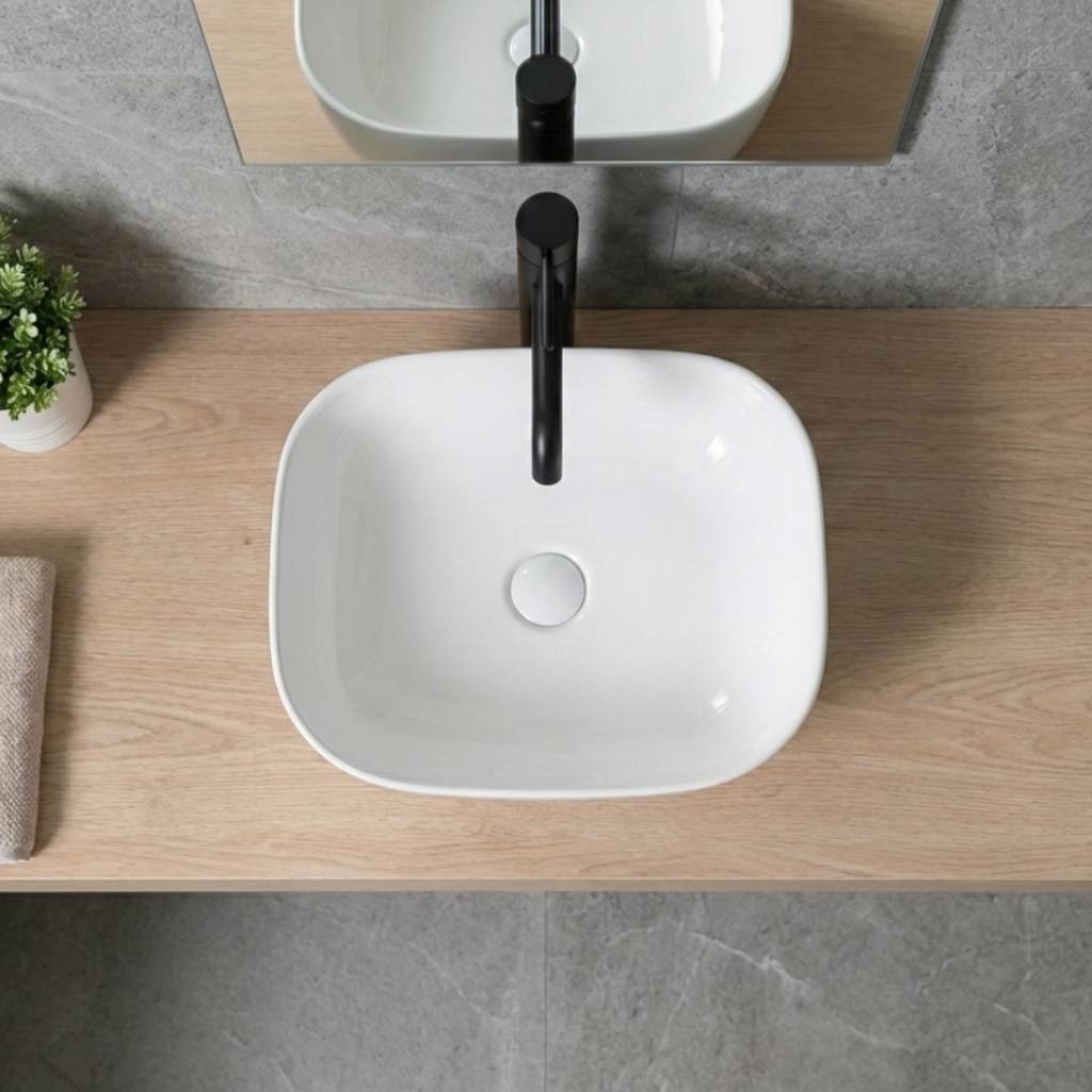 Lavoar pentru Blat Rea Belinda Slim, Design Subtire, Ceramica Alb Lucios