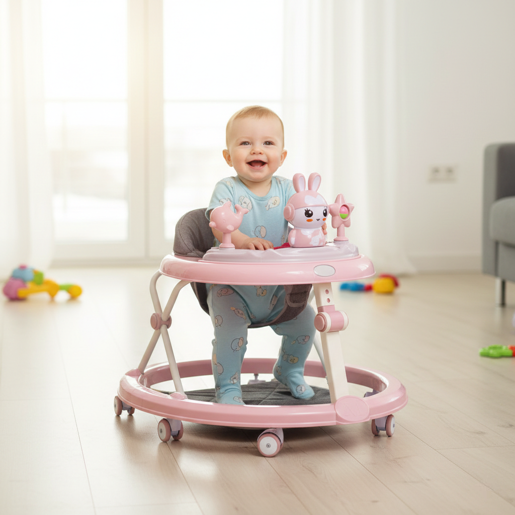 Premergator multifunctional pentru bebelusi, tava cu 3 jucarii si muzica, reglabil si pliabil, max 20 kg, 6–36 luni, roz