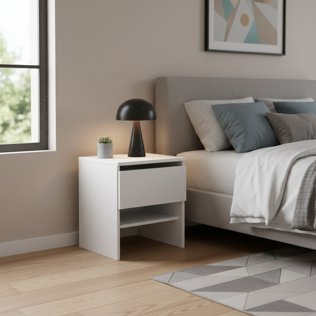 Noptiera moderna si eleganta, alba, cu sertar și raft deschis, varianta compacta pentru dormitor