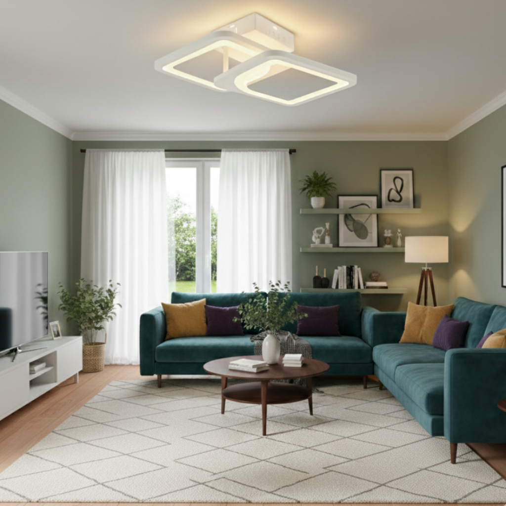 Lustra LED tavan 1+1 patrat alba, cu telecomanda, echivalent 300W, lustra moderna 40cm