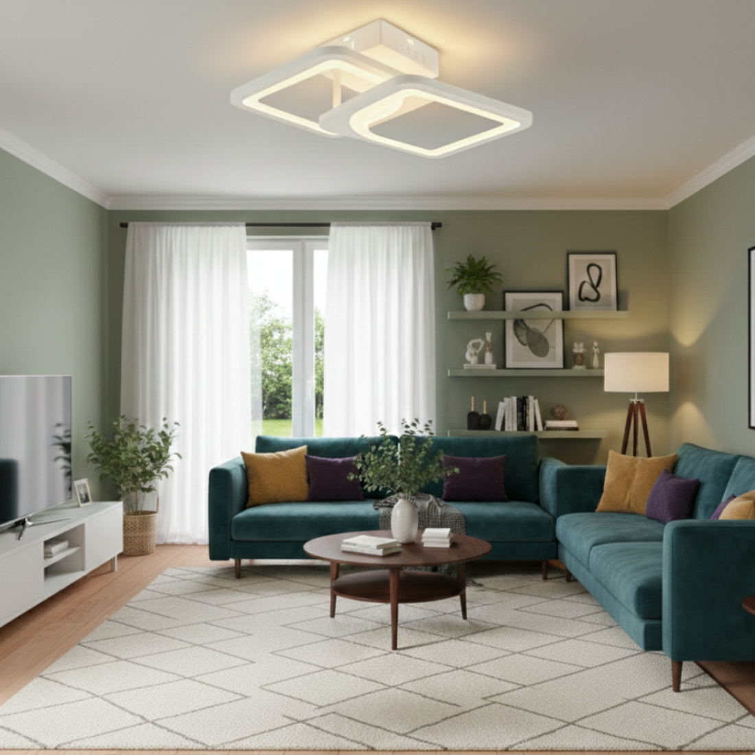 Lustra LED tavan 1+1 patrat alba, cu telecomanda, echivalent 300W, lustra moderna 40cm