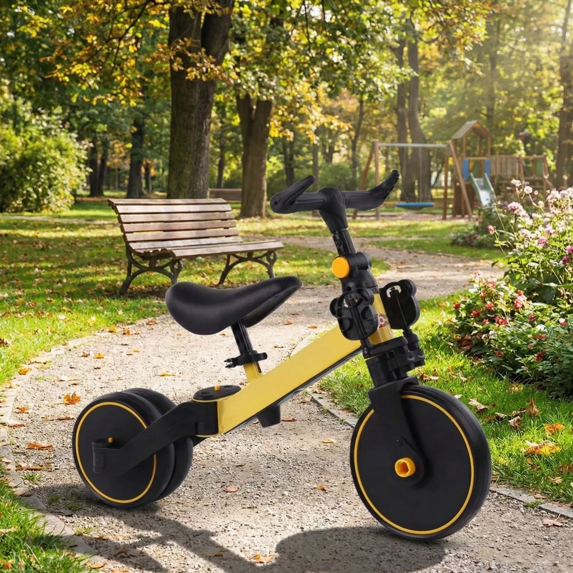 Bicicleta 2 in 1, cu 3 roti, cadru din aluminiu, manere din cauciuc, galbena