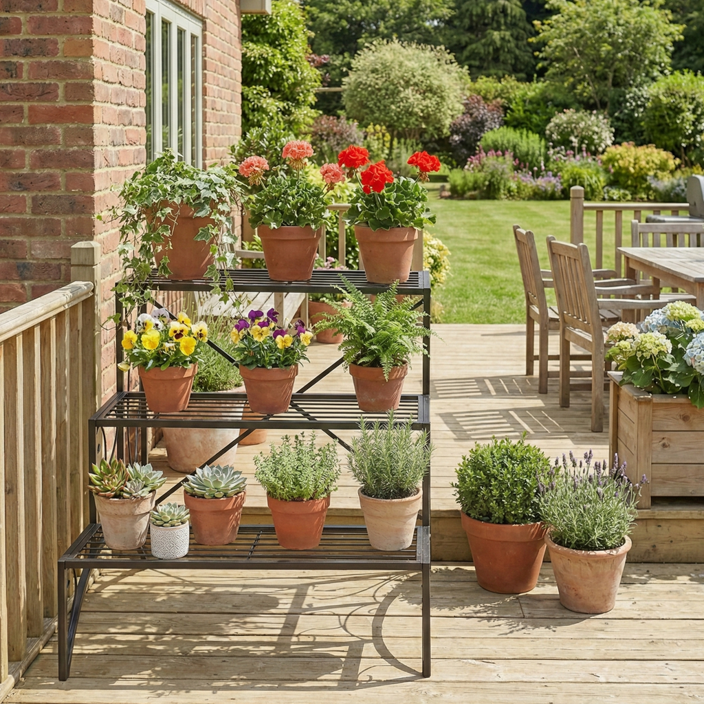 Etajeră-suport pentru plante, cu 3 niveluri, în formă de scară, pentru interior și exterior, din metal